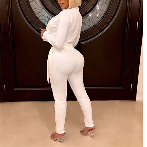 Tracksuit Women Long Sleeve Blazer Jacket Coat and Pants 2 Piece Set Suit Slim Fit Bussiness Coat and Pants Set 2-White Medium - Thumbnail 3