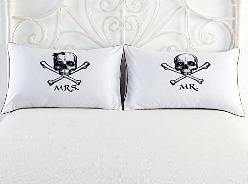 NEWNESS WORLD Skull MRS. and MR. Pure White and Black Letters Printing Couple Pillow Case Home Decorative Pillow Cover Pillowcases 2pcs,18.90 by 29.13 inch
