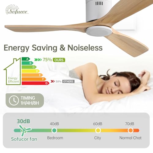 Sofucor 132 cm Solid Wood Ceiling Fan, 6 Speed, Control, Timer, DC Motor, Silent Ceiling Fan for Bedroom Living Room