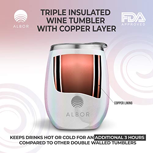 Albor Triple Insulated Wine Tumbler with Lid Stainless Steel 12 Oz Tumbler Holo White