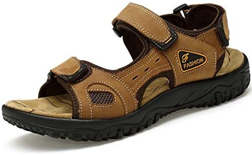 GHFJDO Men Outdoors Sandals,Leather Summer Sports Hiking Trekking Sandals,Comfort Sandals Walking Shoes,Brass,44EU