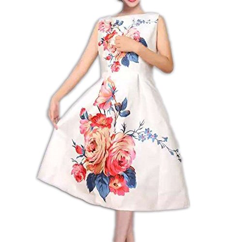 8807 W - Floral Printed Frocks Skater Cocktail Sun Dress White (L)