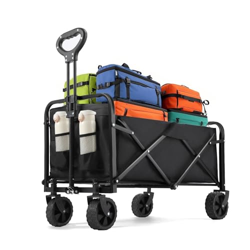 Uniiking® Collapsible Wagon 330 lbs, Heavy Duty Trolley Cart Foldable, Portable Wagons for Groceries, Beach Cart with All-Terrain Wheels & Drink Holders, Utility Wagon for Shopping, Sports, Camping