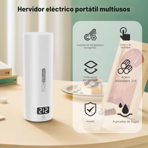 Portable Travel Electric Kettle 450ml Travel Hot Water Kettle Coffee Tea Auto Shut-off and Dry Protection with 316 Stainless Steel 4 Temperature Regulators (White)