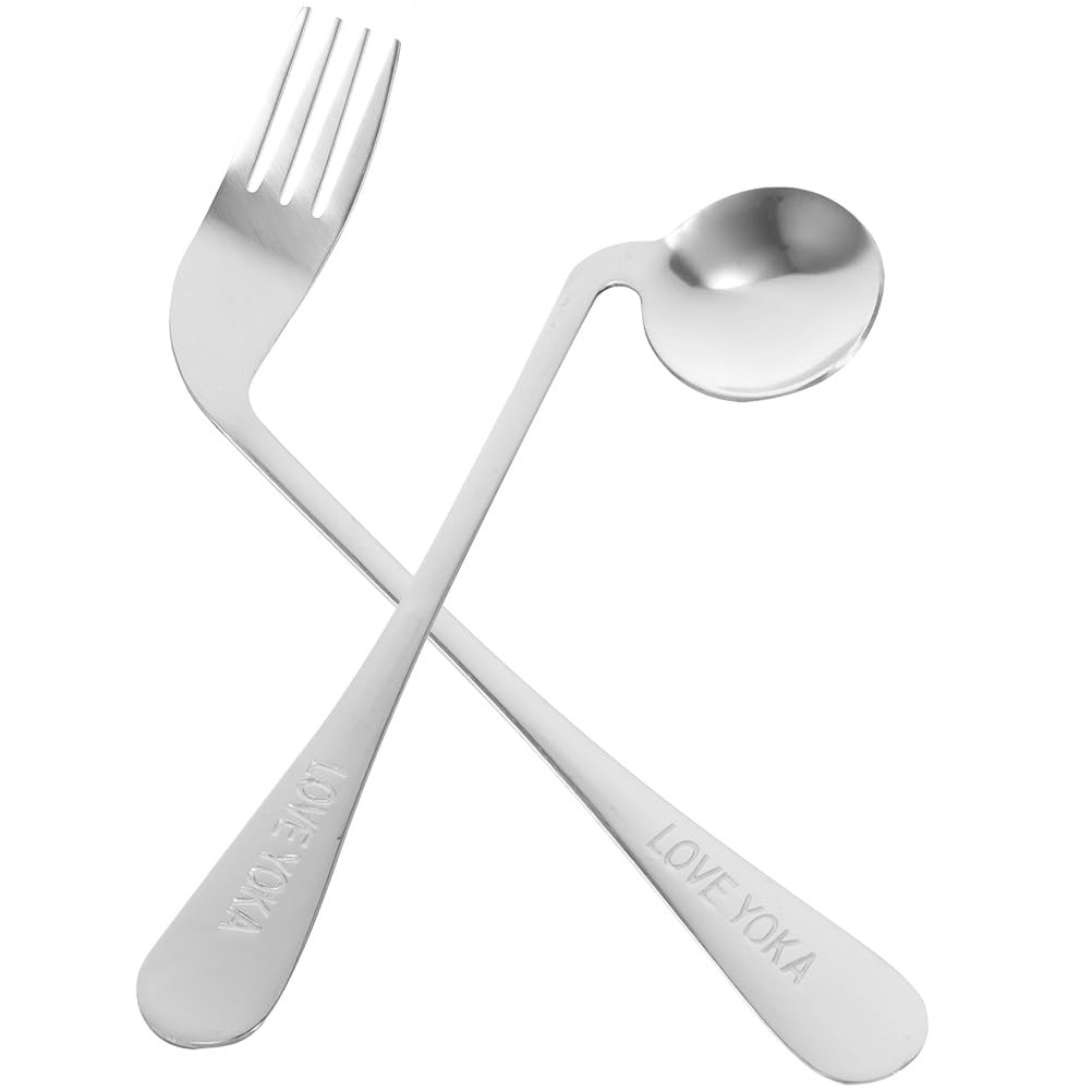 LALAFINA Lightweight Ergonomic Angled Fork and Spoon Feeding Utensils Set 7.87In for Disabled Elderly Adults Adaptive Tableware to Reduce Wrist Stress