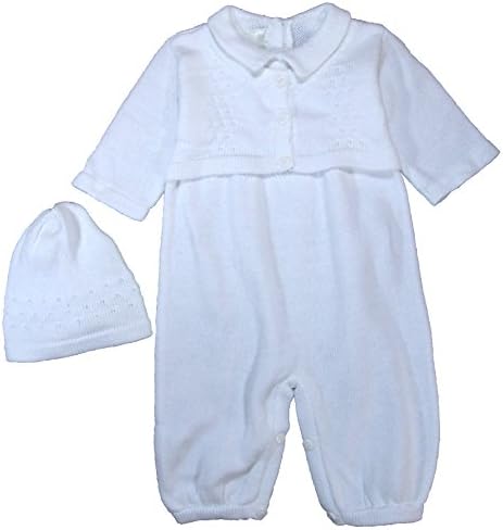 100% Cotton Knit White Baby Boys 2 Piece Long Sleeve Collared Set with Cap 12MO