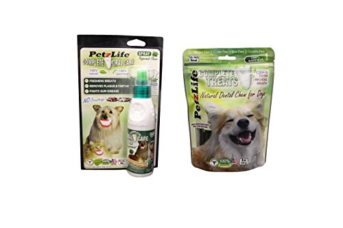 PetzLife Dental Bundle - One 4 OZ Peppermint Oral Care Spray & One 8 OZ Bag Natural Dental Chews (14 Per Pack)