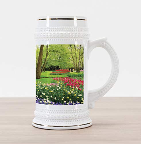 Lunarable Nature Beer Stein Mug, Huge Garden with Flowers Grass Trees Roses Tulips Little Ponds and Leaves Artwork, Traditional Style Decorative Printed Ceramic Large Beer Mug Stein, Multicolor