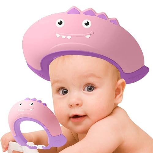 Baby Shower Cap Shield, Shower Cap for Kids, Visor Hat for Eye and Ear Protection for 0-9 Years Old Children,Cute Dinosaur shape Makes the Baby Bath More Fun… (Pink)