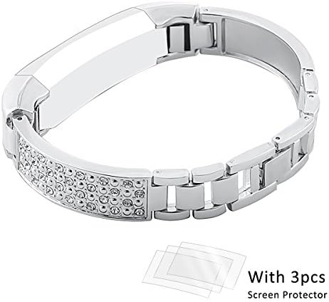 Ezzdo For Fitbit Alta Bands, Jewelry Bangle Adjustable Stainless Steel Chain Bracelet Fake Diamond Strap with Rhinestone and Screen Protector (Silver)