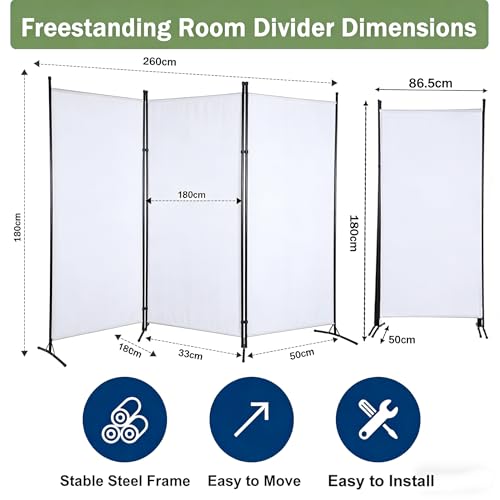 Dsocool 3-Panel Room Divider Privacy Screen, (260cm W x 180cm H) Portable Folding Partition with Metal Frame, Partition Room Dividers Freestanding Wall Divider Screen for Dorm Studio Office (White)