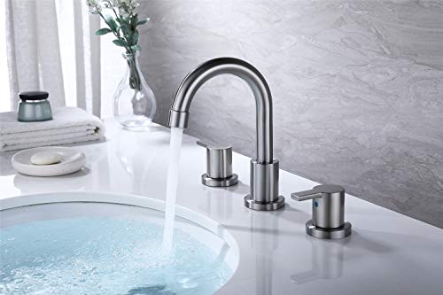 RKF Two Handle Widespread Bathroom Sink Faucet with Pop-up Drain with overflow and CUPC Faucet Supply Hoses,Brushed Nickel,WF015-9-BN2