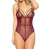 FIYOTE Women Sexy Strappy Lace Sheer Leotard One Piece Bodysuit Tops Small Size Red