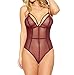FIYOTE Women Sexy Strappy Lace Sheer Leotard One Piece Bodysuit Tops Small Size Red