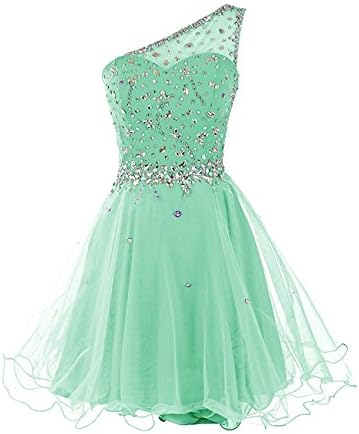 ASBridal Women's Short Tulle One Shoulder Evening Ball Gown Beaded Crystals Cocktail Dress, Mint, US12