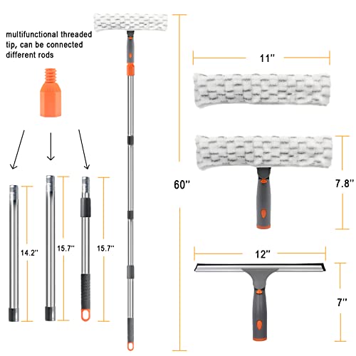 BITOPE Squeegee for Window Cleaning , Rotatable Cleaner Tool with Long Handle Extension Pole，11”Microfiber Scrubber and 12”Wide Squeegee Cleaner Kit for Car，Shower Glass Door，High Windows