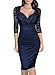 Miusol Women's Deep-V Neck Ruffles Floral Lace Fitted Retro Evening Pencil Dress, Medium, Navy Blue