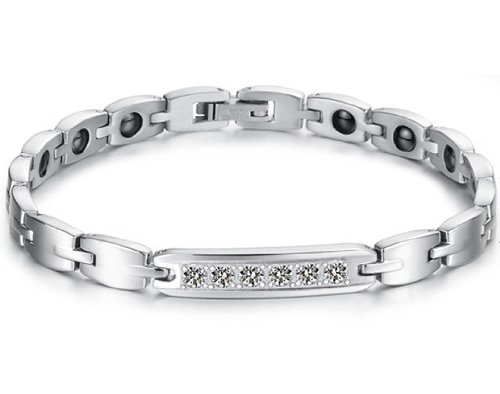 JewelryWe Fashion Stainless Steel Cubic Zirconia Couple Bracelets Black Magnetic Stones Bangle for Men Ladies (Women's Bracelet)