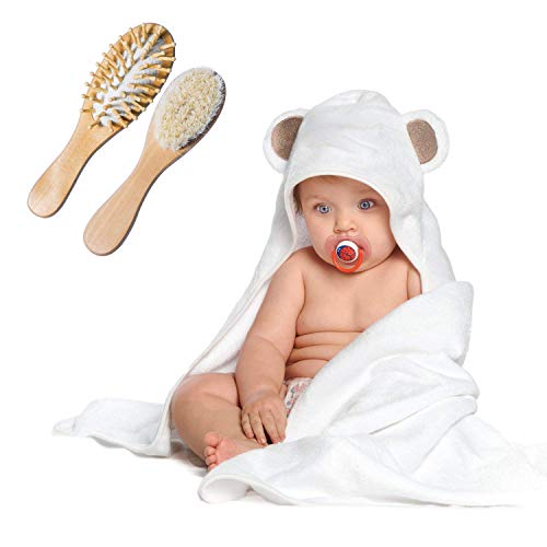 Essential Baby Bath Set - Includes 100% Organic Bamboo Hooded Baby Towel, Goat Hair Wooden Baby Brush And Wooden Massage Brush- Baby Gift Set For Boys And Girls