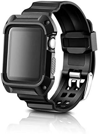 Apple Watch Sport Band, FEDRIC Silicone Band Bracelet Strap Full Body Rugged Protective Frame for iWatch, Rugged Armor Protective Resilient Shock Case for Apple Watch Series 1 & Series 2 (38mm-Black)