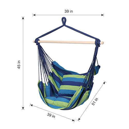 Finehter Hanging Rope Hammock with Pillow Set|Hanging Chair Swing seat for Indoor Outdoor Use|265 lbs Weight Capacity,Blue & Green Stripe,No Fade