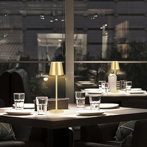 2 lámparas LED regulables de mesa con batería, inalámbrica, recargable, luz cálida, 3000 K, lámpara de mesa para interior y exterior con USB-C, aluminio, IP54, resistente al agua (dorado)…