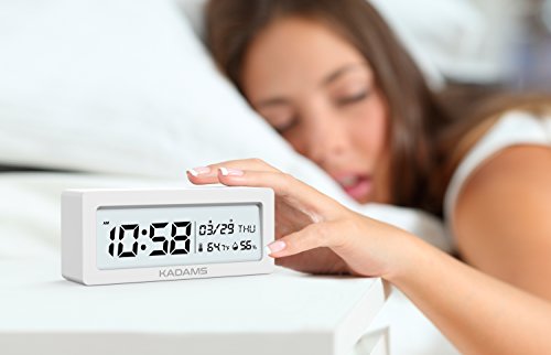 KADAMS Battery Digital Alarm Clock with Snooze, Backlight, Calendar Month Date Day, Temperature and Humidity, Low Battery Indicator, Small Portable Travel Clock, Desk Clock for Shelf Table - White - Thumbnail 5