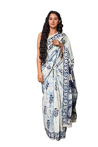 Hand Block Printed Cotton Mulmul Saree with unstitched Blouse (Jaipuri Print)