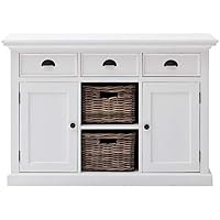 NovaSolo Halifax Pure White Mahogany Wood Sideboard Dining Buffet With Storage, 3 Drawers And 2 Rattan Baskets
