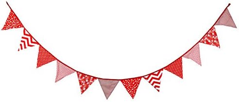 Merry Christmas Triangle Pennant Fabric Flags Mix Pattern Cotton Banners Party Props Outdoor Hanging Bunting Decoration For Birthday Wedding Anniversary Celebration Nursery (Red)