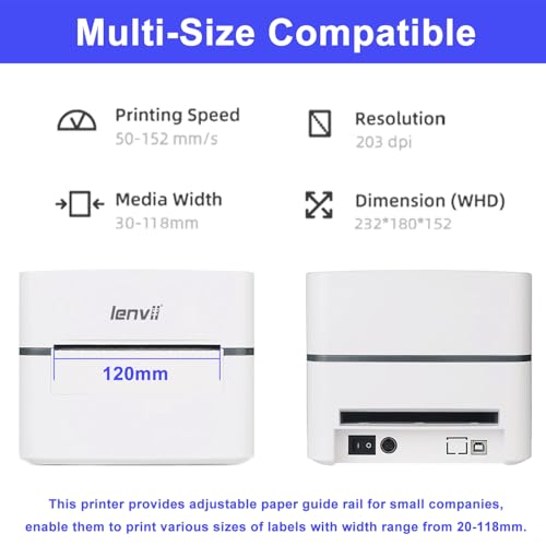LENVII 2/3/4 Inch Bluetooth Thermal Label Printers | Shipping Labels Printer | 152mm/s High-Speed 203DPI USB Barcode Printer Compatible with Aramex/Noon/Emirates Post | Windows/Mac/Dubai Mall Kiosks