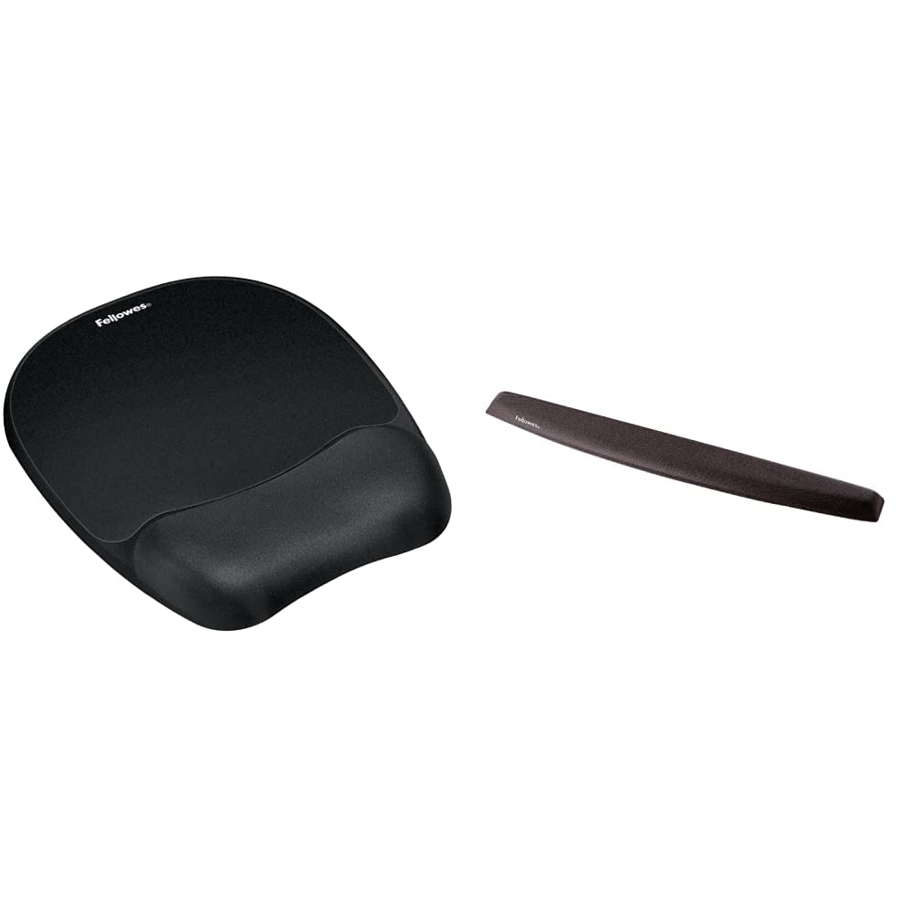 Fellowes Memory Foam Optical Friendly Mouse Mat with Wrist Support, Black & Memory Foam Keyboard Wrist Rest - Black
