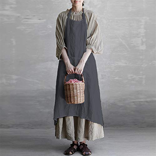 WoCoo Soft Cotton Linen Apron Halter Bandage Aprons Kitchen Cooking Clothes with Front Large Size Pockets Dress(Grey,X-Small(US-2)