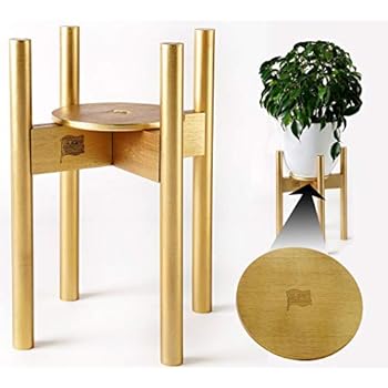 Golden Plant Stands Indoor with Tray / Coaster - Adjustable Size fits 8 9 10 11 12 Inches Small / Large Pots - Bamboo Wood - Mid Century Modern Planter Holder