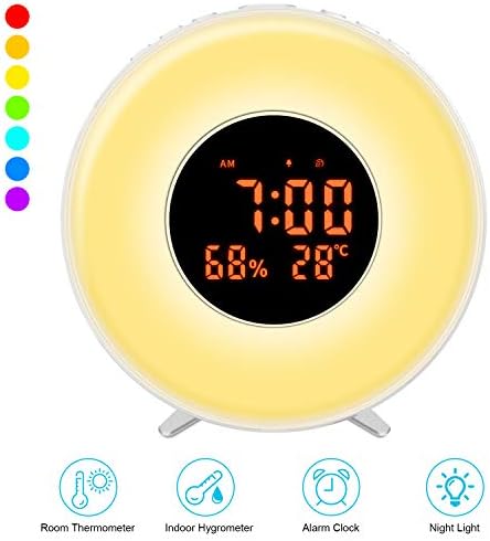 VAVOFO Wake-Up Light Alarm Clock with Colored Sunrise Simulation Night Light, Temperature and Humidity Display, Snooze, Adjustable Alarm Volume, Sleep Time, White