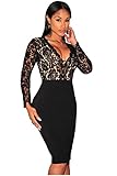 Kearia Women Sexy Deep V-Neck Bodycon Long Sleeves Mini Lace Dress Clubwear Dress