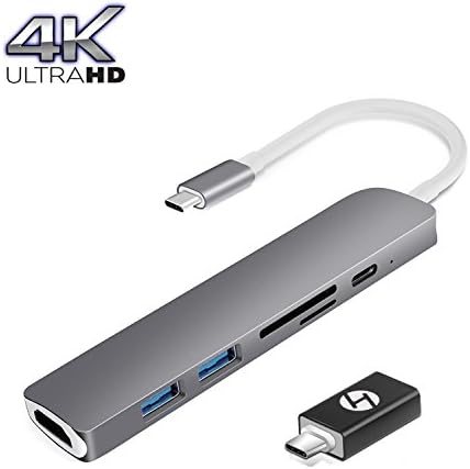 USB C Hub, HOGORE 6-IN 1 Type-C Adapter Dongle for MacBook(Pro) with 56W Pass-through Charging, 4K HDMI, USB-C, SD/MicroSD Reader, 2+1 USB 3.0 Ports- Space Gray