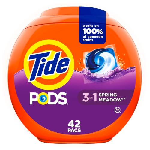 Tide PODS Waschmittelpakete, 3-in-1 Fleckenentferner, Geruchsbekämpfer, Farbschutz, 42 Stück, HE-kompatibel, Frühlingswiesenduft