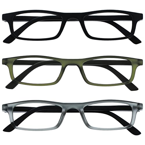 OPULIZE Ted Reading Glasses 3 Pack Narrow Matt Lightweight Frame Black Transparent Khaki Grey Spring Hinges Scratch Resistant Mens Womens RRR17-167 +2.00
