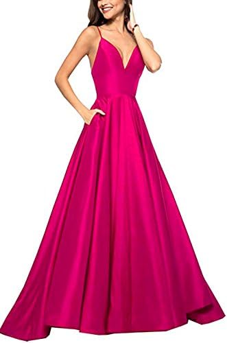 Womens Spaghetti Strap V Neck Prom Dresses Long 2019 A-line Satin Formal Evening Ball Gowns with Pockets