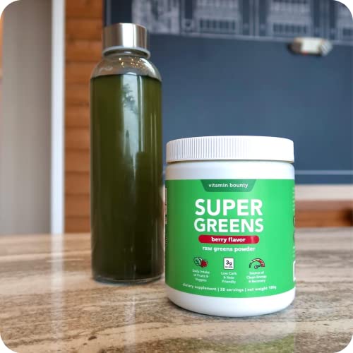 Vitamin Bounty Raw Greens Powder, Berry Flavor Drink Mix, 3g net Carbs per Serving, Keto, Plant Based Fruit & Vegetable Blend, Super Greens Superfood Powder, Sugar Free, 20 Servings