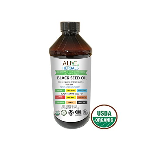 Alive Herbal Black Seed Oil - Nigella Sativa - Virgin 100% Raw Organic Cold Pressed, Unfiltered, Vegan & Non-GMO, No Preservatives & Artificial Color- BPA Free Food Grade Plastic Bottle- 16 OZ.