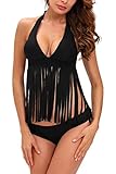 Chase Secret Womens Halter Deep V-neck Two Pieces Swimsuit Bikini Set with Tassels