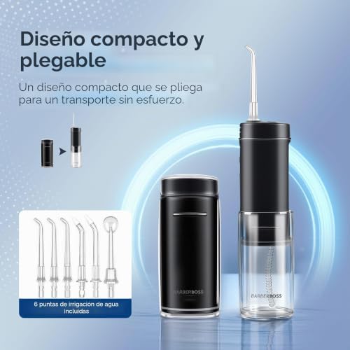 Irrigador Oral Portátil, sem fios para viagens, 3 níveis de pressão, 6 bicos, depósito telescópico de água IPX8, recarregável USB, QR-7112 (preto)
