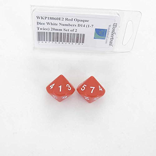 Red Opaque Dice with White Numbers D14 (1-7 Twice) 20mm (25/32in) Set of 2 Wondertrail