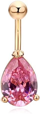 Fashion Women Body Piercing Jewelry 14G Hypoallergenic Stainless Steel Cubic Zirconia Belly Button Ring Navel Rings Teardrop Stone Leaf Long Dangle Diamond Pink