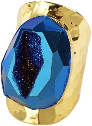 JAB 1Pcs 18k Gold Plated Rainbow Titanium Color Agate Druzy Faceted Ring for Unisex