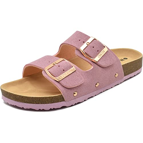 41j1ig3EQHL Oncai Sandalen Damen Kork-Fußbett Pantoletten Damen Flach Rutschfest Sommer Badelatschen Mit Verstellbarer Rieme Rosa Größe 38.5