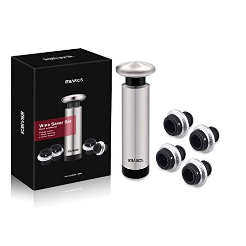 EZBASICS Wine Saver with 4 Wine Stoppers - Stainless Steel Wine Vacuum Pump with 4 Rubber Wine Bottle Stoppers with Vacuum