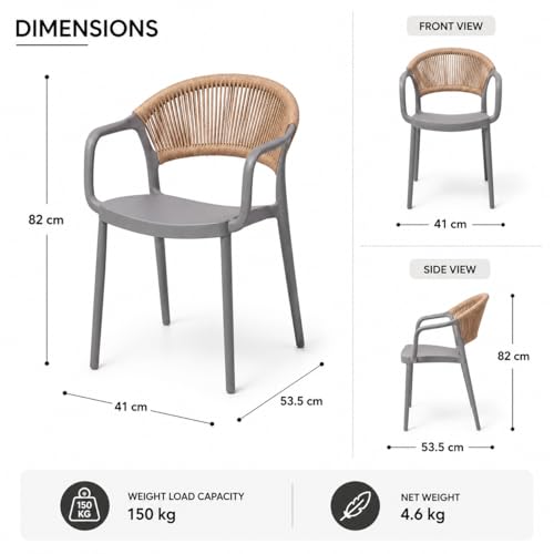 MARCOLO Chair with Arms, Outdoor Plastic Dining Armchair, Weather & UV Resistant Patio Chair for Balcony, Garden, Kitchen & Indoor Outdoor Use, Modern Rope-Style Design, 41x53.5x82cm (Grey)